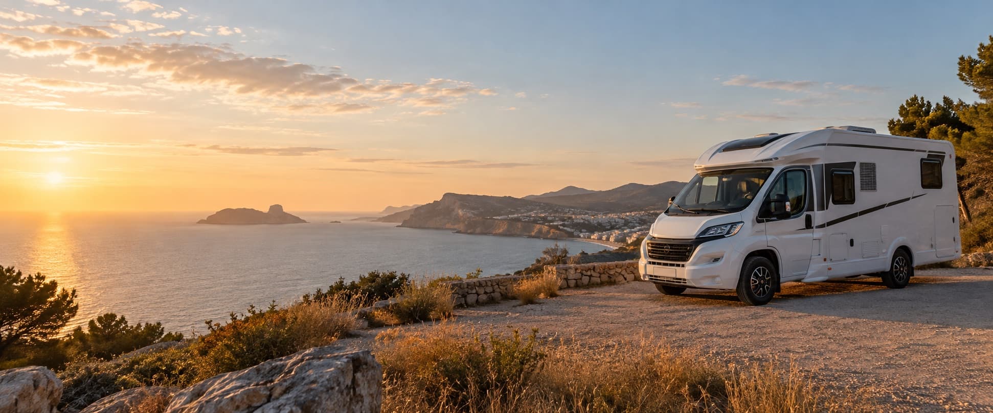 Autocaravana frente al Mediterráneo al atardecer